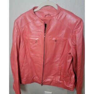 Alfani Woman 1X Coral Pink Genuine Leather Zip Jacket Moto Stand Collar